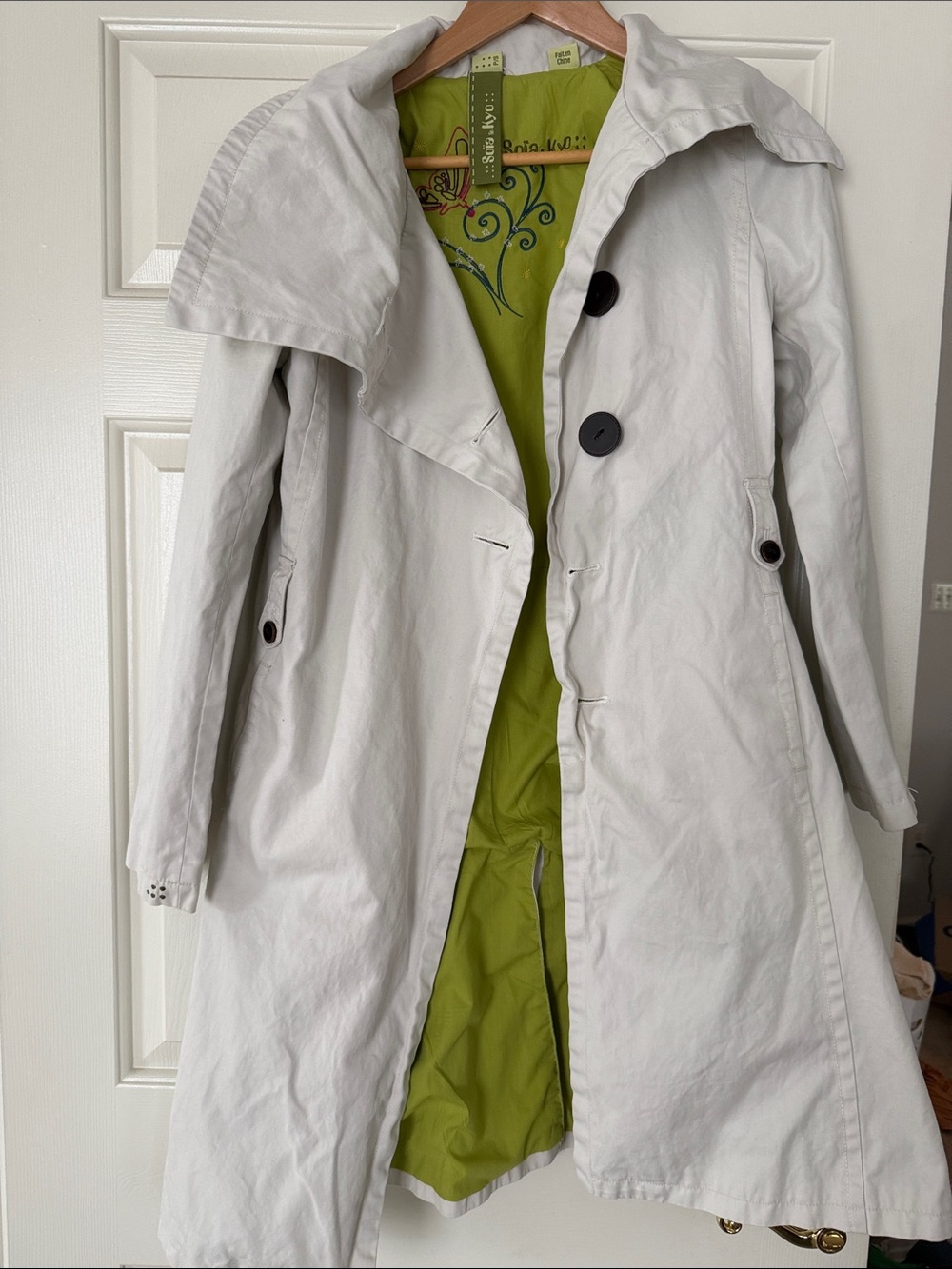 Soia & Kyo Light Gray Trench Coat with Lime Green Lining